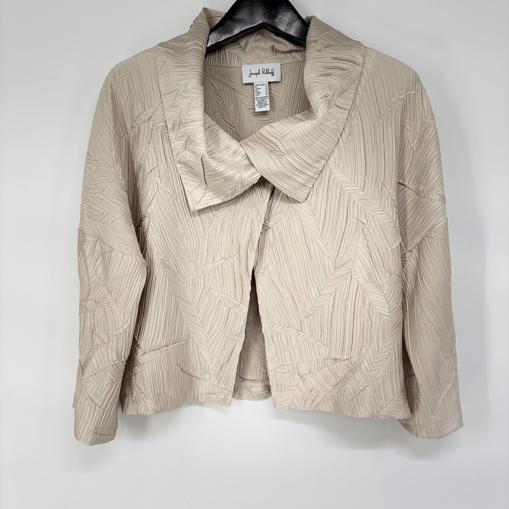 Joseph Ribkoff Womens Champagne Beige Plisse Leaf Open Front Jacket Size 12